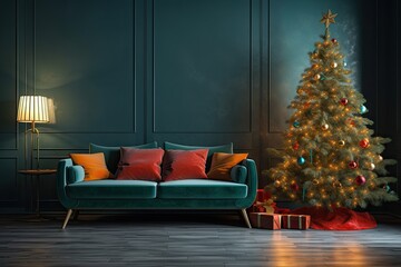Christmas tree and sofa in the living room,. Generative AI