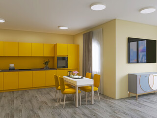 Kitchen-dining room 3d render, 3d illustration decoration