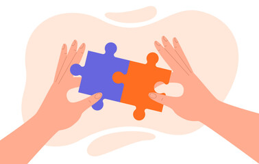 Hands make puzzles. Teamwork, collaboration and cooperation. Partners or colleagues working on common project. Organization of effective workflow