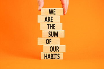 Our habits symbol. Concept words We are the sum of our habits on wooden blocks. Beautiful orange background. Copy space. Businessman hand. Motivational business we are the sum of our habits concept.