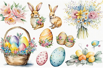 Fototapeta na wymiar Easter set with eggs, bunny and flowers. Watercolor illustration. Generative AI