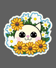 Sticker with the head of a cat with sunflowers on a blue background. Vector graphics