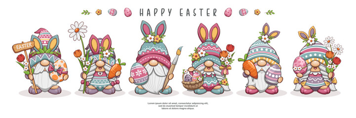 Happy Easter Banner With Cute Gnomes. Set Of Gnomes Character On Easter Party. Cute Cartoon Vector Illustration
