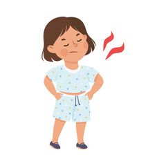 Cute little girl looking angry. Brown haired girl dressed t-shirt and shorts standing with hands in her pockets cartoon vector illustration