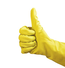 Thumb up gesture, thumbup sign of cleaner hand in yellow glove isolated on white