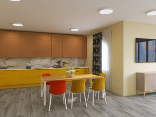 Kitchen-dining room 3d render, 3d illustration decoration