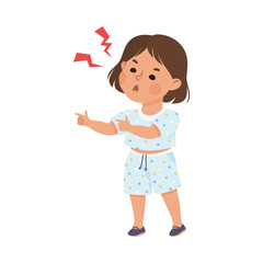Angry little girl. Brown haired girl dressed t-shirt and shorts shouting and pointing with her fingers cartoon vector illustration