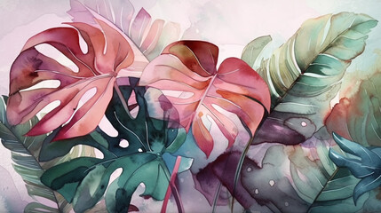 abstract watercolor background of pink tropical leaves; generative AI