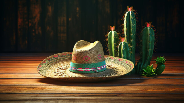 cinco de mayo background with mexican cactus and sombrero; generative AI