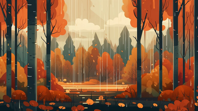 ;watercolor background autumn rain in forest generative AI