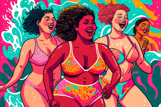 Realistic illustration of young women in bikinis playing happily in the waves. Bright and cheerful style, encouraging self love and acceptance. Generative AI