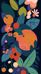 Obraz na płótnie Canvas abstract background, composition of flowers, fruits and plants, Matisse-inspired illustration