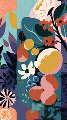 abstract background, composition of flowers, fruits and plants, Matisse-inspired illustration