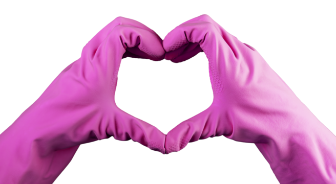 Heart-shaped sign, gesture with hand in violet gloves of cleaner, cleaning service with love concept, isolated on white background