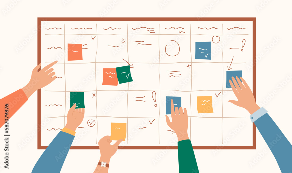Poster task whiteboard concept. hands glue multicolored square pieces of paper on board. time management an