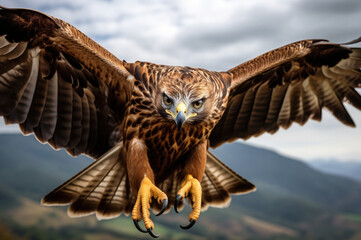 A powerful, action-packed shot of a  hawk in mid-flight with wings outstretched, moments before capturing its prey