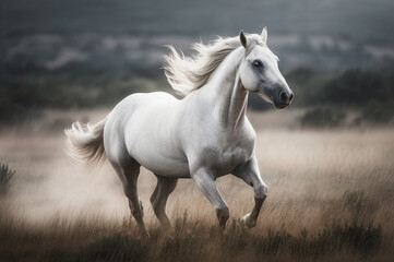 Naklejka na ściany i meble A serene, ethereal image of a majestic white horse galloping freely across an open field, with its mane and tail flowing in the wind.