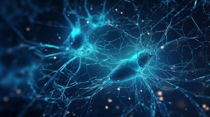 Naklejka na ściany i meble Nerve cell blue color banner, system neuron of brain with synapses. Medicine biology background. Generative ai