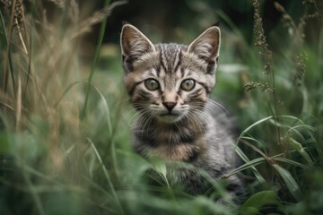Naklejka na ściany i meble Cute kitty on a field of grass. Generative AI