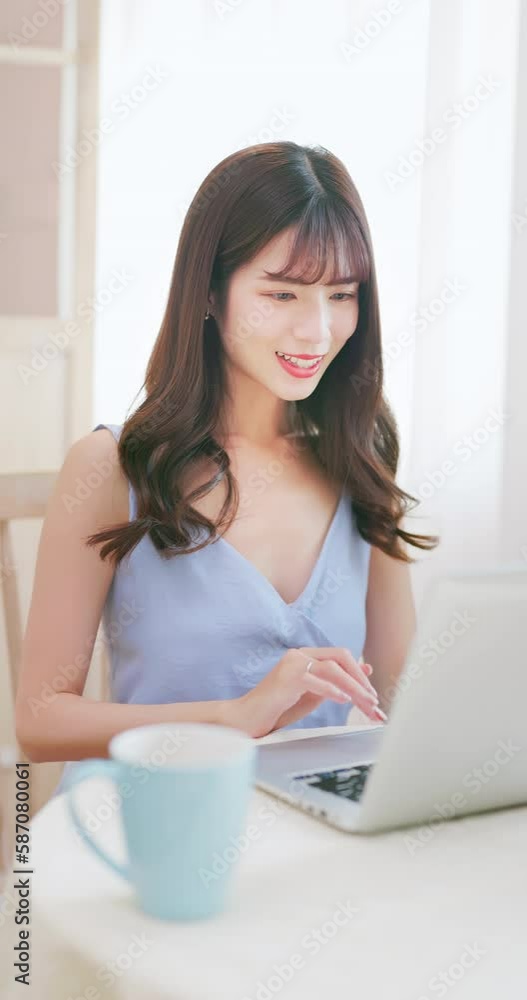 Sticker asian woman using notebook easily