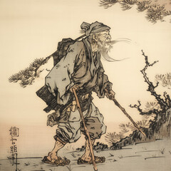 Fototapeta na wymiar Old man walking in nature zen painting - By generative AI