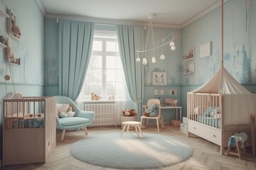 Boy Nursery Interior. Baby room. Generative AI