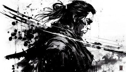black and white samurai ink portrait - by generative ai