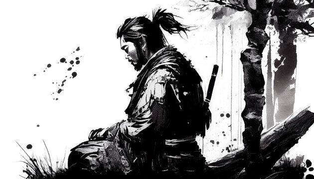 Samurai meditaiting  ink painting - by generative ai