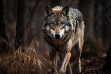 Wolf Prowling Through The Woods. Generative AI