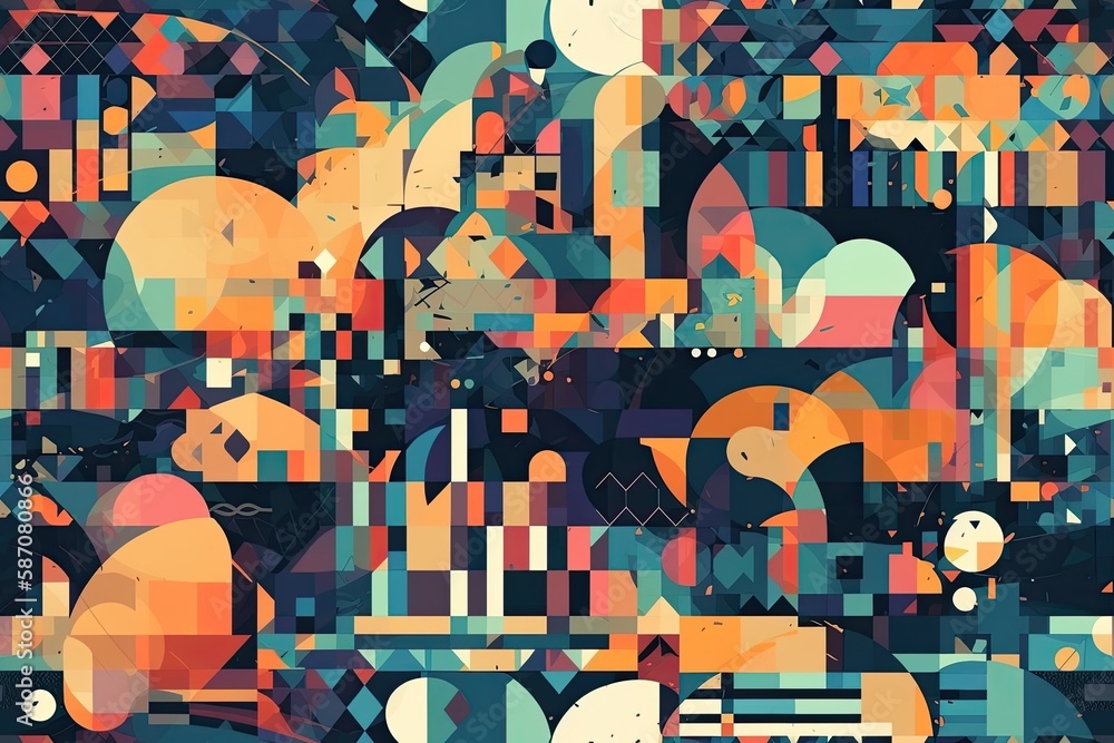Poster vibrant and eclectic pattern with an array of unique geometric shapes and colors. generative ai