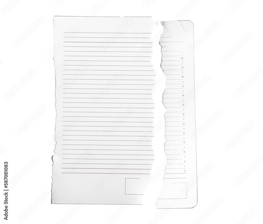 Poster torn paper sheet from planner, notepad page split ripped into two pieces isolated on white backgroun