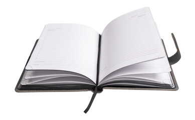 Office planner, business organizer isolated on white background. Open note pad with ribbon bookmark, paper pages