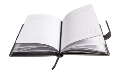 Office planner, business organizer isolated on white background. Open note pad with ribbon bookmark, paper pages