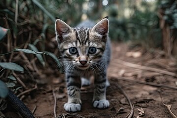 A gray and white striped kitten walks towards the camera. Generative AI