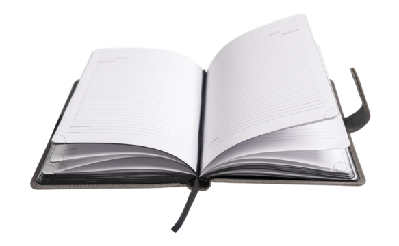 Office planner, business organizer isolated on white background. Open note pad with ribbon bookmark, paper pages