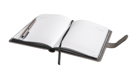 Office planner, business organizer with ribbon bookmark and pen isolated on white background. Open notepad