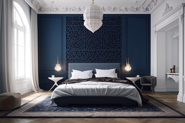 White and deep blue bedroom with king size bed and elegant carved furnishings. Modern minimalist bedroom and living room. Generative AI