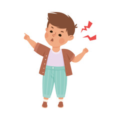 Little boy looking angry. Cute boy dressed casual clothes shouting and pointing with his finger cartoon vector illustration