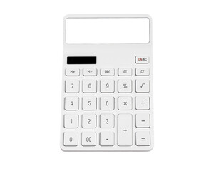 Modern calculator top view with keyboard and display mockup isolated on white background
