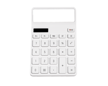Modern calculator top view with keyboard and display mockup isolated on white background