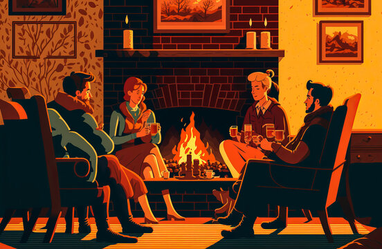 Group of friends spending an evening by the fire. Feelings of conviviality and comfort evoked by warm colors and brown accents. Generative AI
