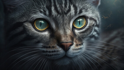 gray tabby cat, gray eyes, mysticism. Generative AI,