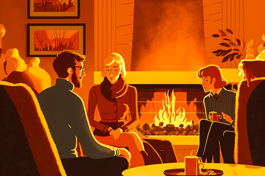 Retro illustration of a group enjoying an evening around a fire. Warm colors evoke an atmosphere of comfort and conviviality. Generative AI