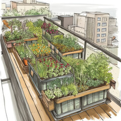 A tiny balcony garden in the city. Urban gardening illustration using generative AI.. 
