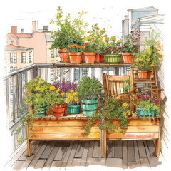 Fototapeta na wymiar Tiny space urban gardening on a balcony. Generative AI illustration.