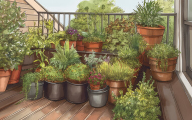 Small space, sustainable gardening on a balcony. A generative AI illustration.