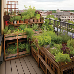 A balcony garden depicting the possibilities of small space gardening practices. Ai generated