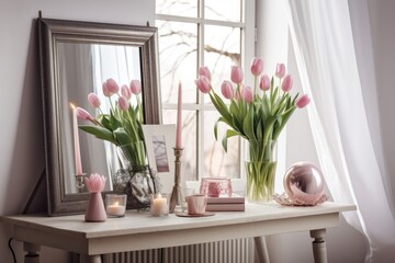 Easter spring interior design. Pink tulips with birch tree branches arranged in a glass vase. Mockup of a blank greeting card. a coffee cup, an antique wooden table, and a mirror. Interior of a Scandi