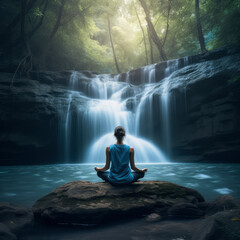 A woman meditating in a yoga pose at the base of a forest watrfall. A generative AI photo-realistic illustration.