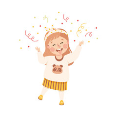 Cute happy little girl celebrating holiday. Adorable girl dressed casual clothes having fun at party, confetti and serpentine flying over her head cartoon vector illustration